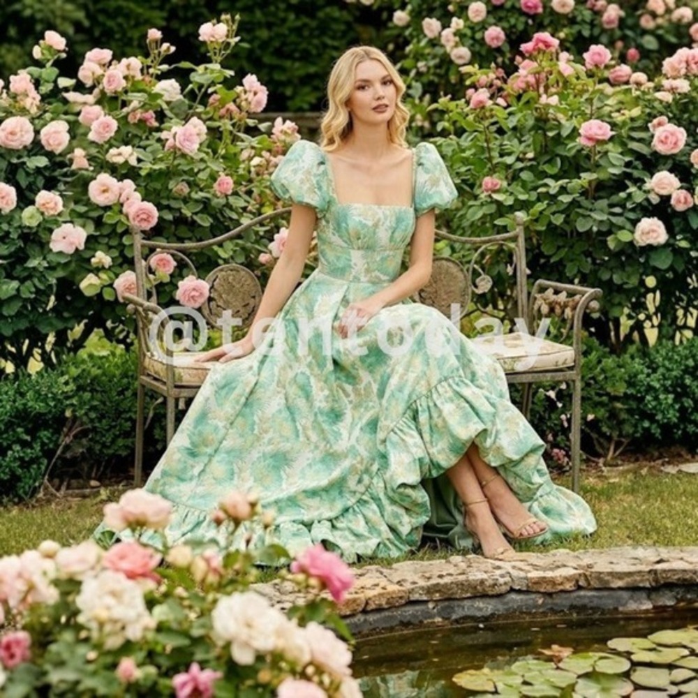 Mac Duggal Size 4 Green Gold Floral Brocade Ruffled Bubble Hem Gown Maxi Dress - Picture 1 of 6